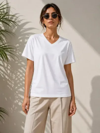 V Yaka Basic Tişört Kısa Kol Yazlık Regular Fit T-Shirt - Beyaz - XL - Beyaz