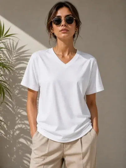 V Yaka Basic Tişört Kısa Kol Yazlık Regular Fit T-Shirt - Beyaz - XL - Beyaz