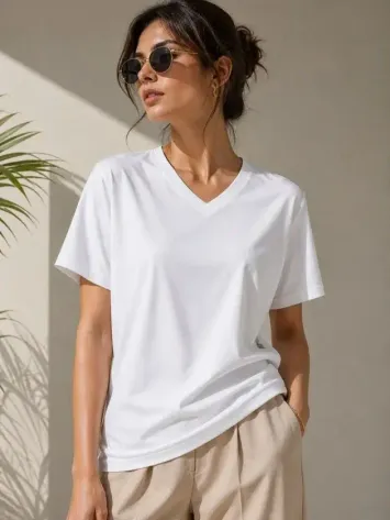V Yaka Basic Tişört Kısa Kol Yazlık Regular Fit T-Shirt - Beyaz - L - Beyaz