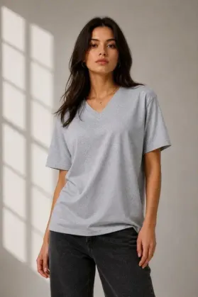 V Yaka Basic Tişört Kısa Kol Yazlık Regular Fit T-Shirt - Gri - 2XL - Gri