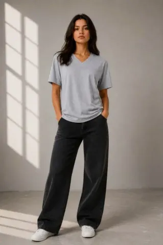 V Yaka Basic Tişört Kısa Kol Yazlık Regular Fit T-Shirt - Gri - 2XL - Gri