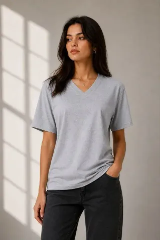 V Yaka Basic Tişört Kısa Kol Yazlık Regular Fit T-Shirt - Gri - 2XL - Gri