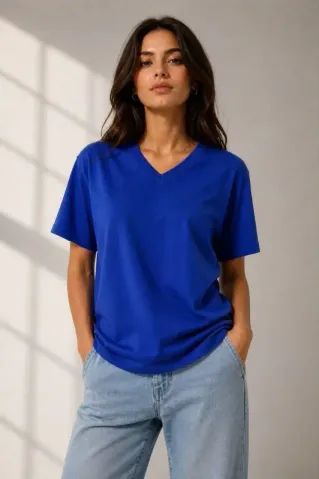 V Yaka Basic Tişört Kısa Kol Yazlık Regular Fit T-Shirt - Saks Mavisi - S - Saks Mavisi