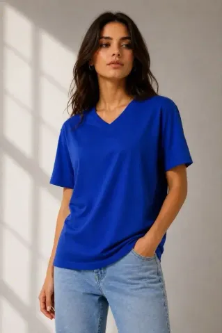 V Yaka Basic Tişört Kısa Kol Yazlık Regular Fit T-Shirt - Saks Mavisi - S - Saks Mavisi