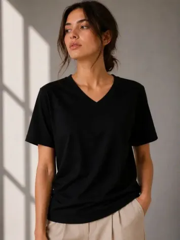 V Yaka Basic Tişört Kısa Kol Yazlık Regular Fit T-Shirt - Siyah - 2XL - Siyah