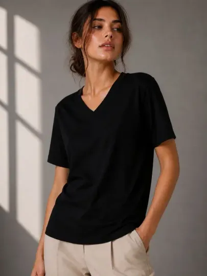 V Yaka Basic Tişört Kısa Kol Yazlık Regular Fit T-Shirt - Siyah - 2XL - Siyah