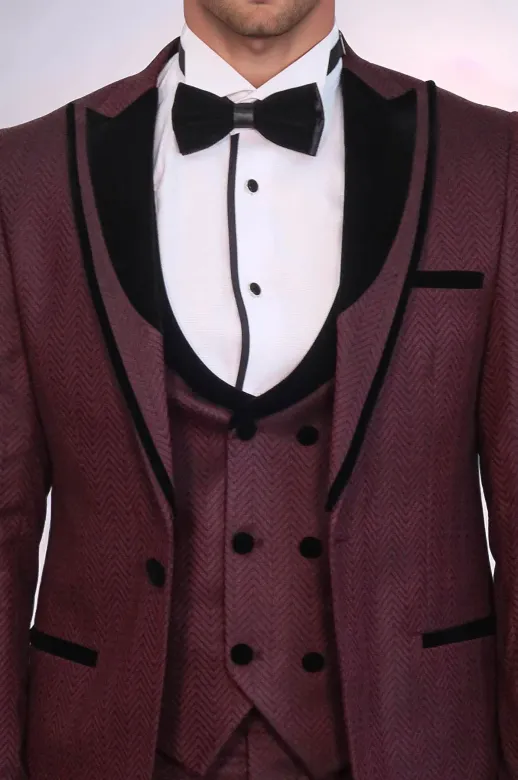 Velvet Yaka Desenli Yelekli Bordo Erkek Damatlık - Wessi - 46 / Koyu Bordo