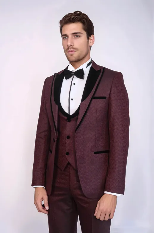 Velvet Yaka Desenli Yelekli Bordo Erkek Damatlık - Wessi - 46 / Koyu Bordo