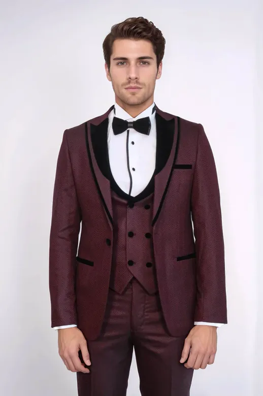 Velvet Yaka Desenli Yelekli Bordo Erkek Damatlık - Wessi - 48 / Koyu Bordo