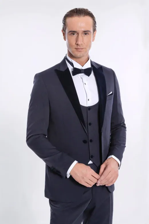 Velvet Yakalı Slim Fit Lacivert Erkek Damatlık - Wessi - 54 / Lacivert