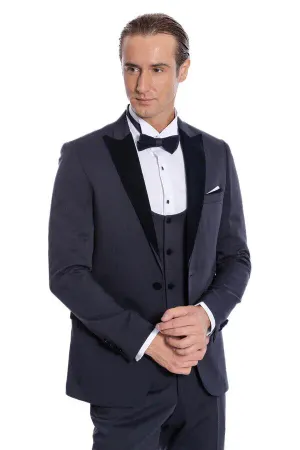 Velvet Yakalı Slim Fit Lacivert Erkek Damatlık - Wessi - 54 / Lacivert