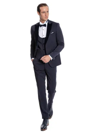 Velvet Yakalı Slim Fit Lacivert Erkek Damatlık - Wessi - 54 / Lacivert