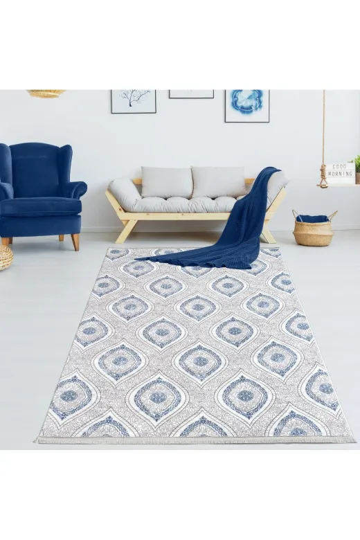 Venüs plt64852 Klasik Desen Mavi Yıkanabilir Kaymaz Taban Dört Mevsimlik Salon Banyo Balkon Genç Odası Kesme Halı