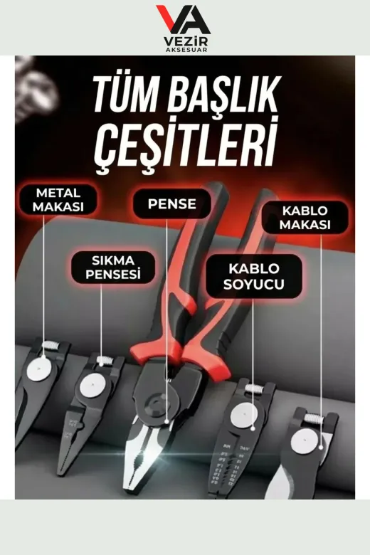 Vezir Aksesuar TRY99061 5 Başlıklı Değiştirilebilir Özel Pense Hırdavat Kablo Soyum Pensesi Çok Amaçlı & Dayanıklı
