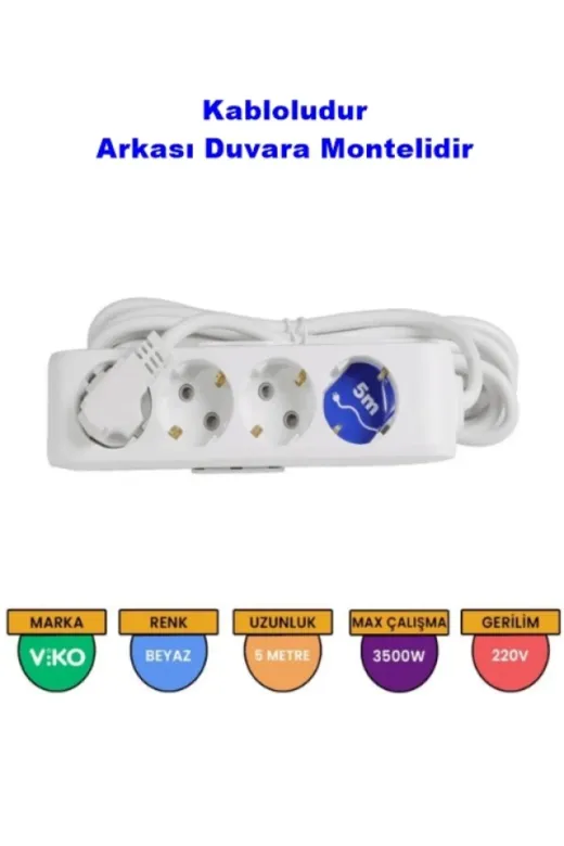 VİKO KABLO P VİKO 90113405 Multilet Dörtlü 5Mt Ara Kablolu Grup Priz Topraklı Klemensli Beyaz