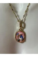 VINTAGE KABARTMALI İNCİLİ SANAT KOLYE PEMBE MİNELİ 316L ÇELİK