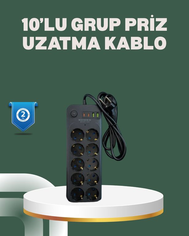 VINTESSY TKNUCZZZ10LUPRİZ-5MKR Termal Koruma Sistemli Usb Type-C 10 Lu Grup Priz 2M 2500W Güç Kapasiteli 0