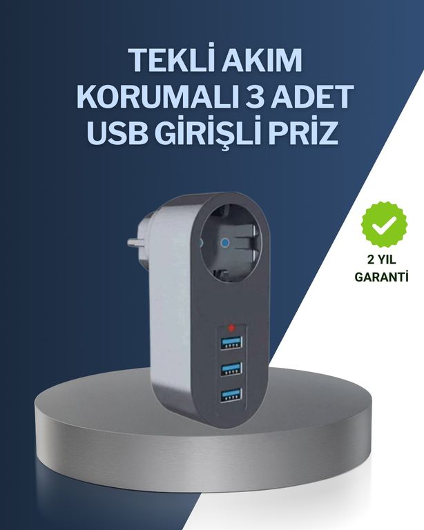 VINTESSY TKNUCZZZ3400PRİZ-2MKR Çocuk Korumalı Termal Priz 3'lü Usb Şarj Ve Akım Koruması 0