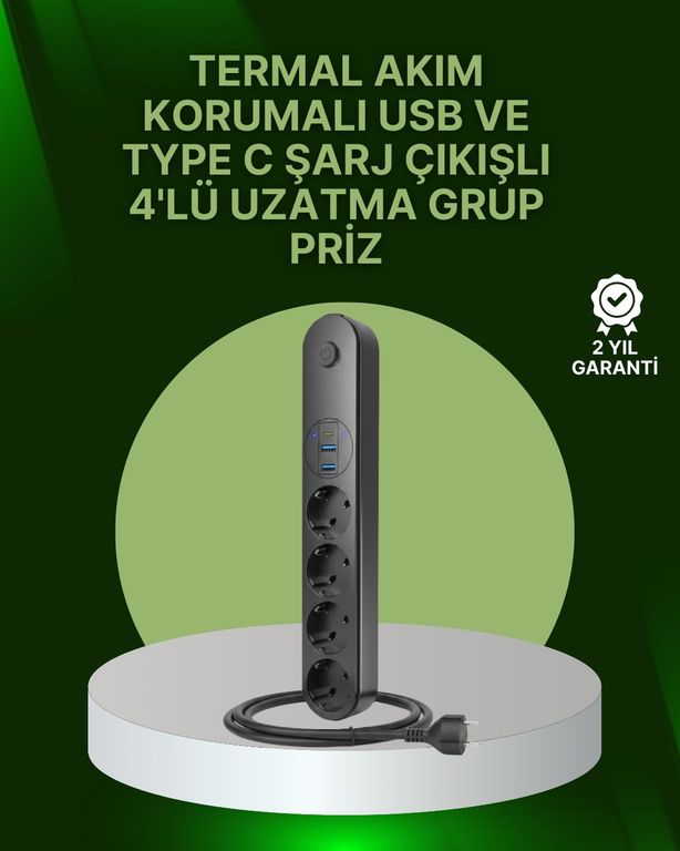 VINTESSY TKNUCZZZ3402PRİZMKR 4 Priz 2 Usb 1 Type-C Akım Korumalı Çoklu Priz Led Anahtarlı 0