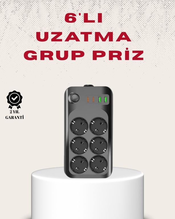 VINTESSY TKNUCZZZ6LIPRİZ-1MKR 6 Lı Grup Priz Termal Korumalı Usb Type-C Çoklu Priz 2 Metre Kablo 0