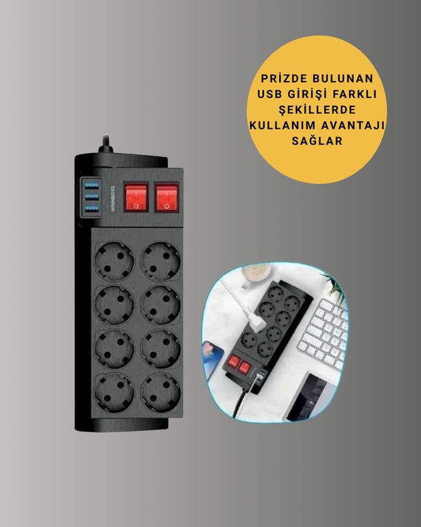 VINTESSY TKNUCZZZ8LİPRİZ-1MKR Güçlü Termal Korumalı 8 Priz + 3 Usb Çoklu Uzatma Kablosu 2M Standart