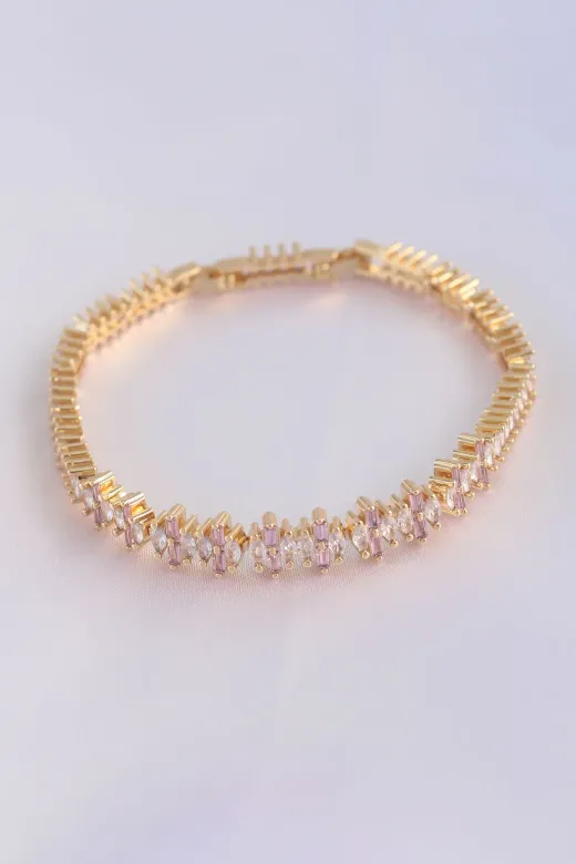 Vip Seri Pirinç Pembe Zirkon Taşlı Gold Renk Baget Model Bileklik TJ-BB6078
