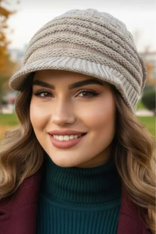 VMD6511 Kadın Çift Kat Siperli Triko Örme Bere Triko Bere