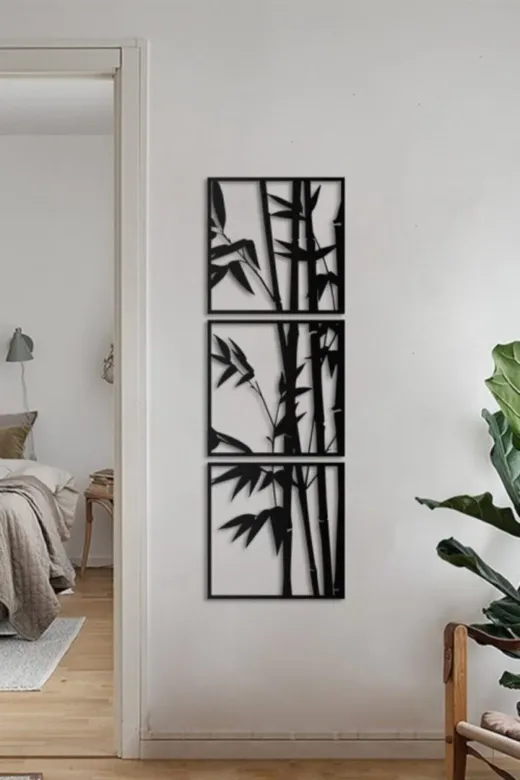 Voiva V21 Havana Bamboo Ağacı 3 Adet Dekoratif Duvar Tablosu Büyük Boy Ev Konsept Dekorasyon Ahşap Mdf