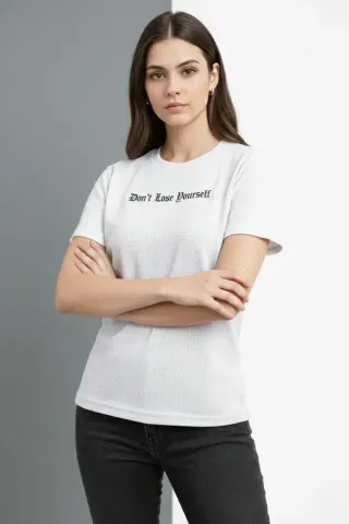 Wafıl Kumaş Tişört Regular Kalıp Bisiklet Yaka Baskılı Günlük Basic T-Shirt - Beyaz - 2XL - Beyaz