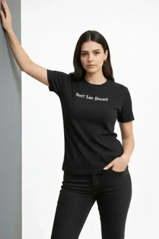 Wafıl Kumaş Tişört Regular Kalıp Bisiklet Yaka Baskılı Günlük Basic T-Shirt - Siyah - 2XL - Siyah