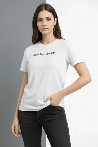 Wafıl Kumaş Tişört Regular Kalıp Bisiklet Yaka Baskılı Günlük Basic T-Shirt - Beyaz - M - Beyaz
