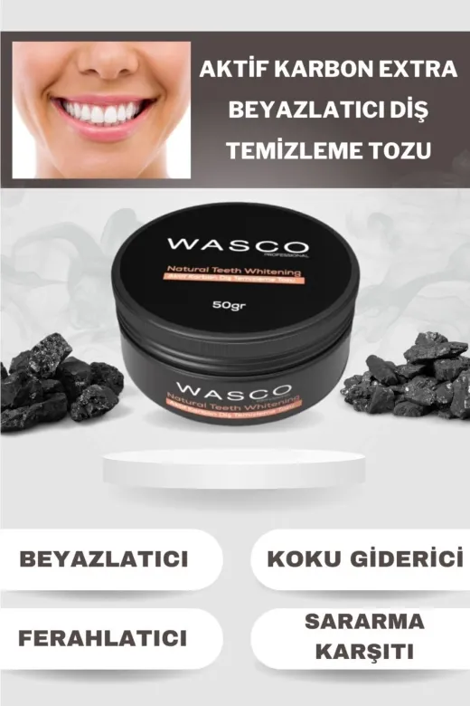 wasco DİŞT005 Aktif Karbon Diş Temizleme Tozu 50 Gr Extra Beyazlatıcı Diş Tozu + Nane