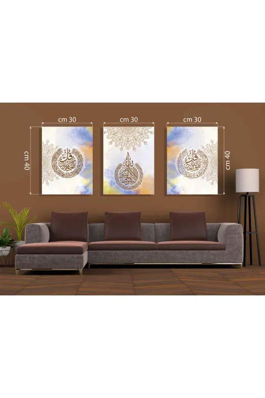 Watercolor Efektli Pastel Tonlarda Hat Sanatı 3'lü Mdf Tablo Seti
