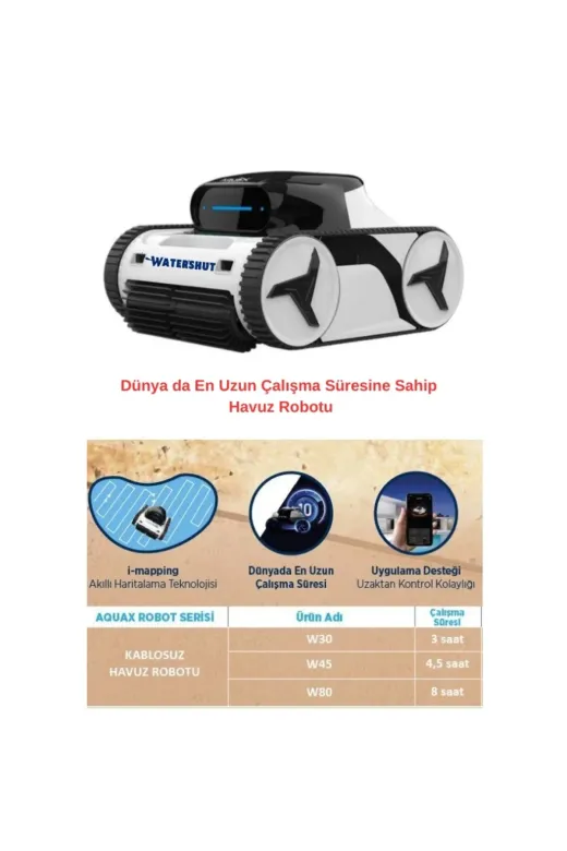 WATERSHUT W80KBLSZ W80 Kablosuz Havuz Robotu 8 Saat Kesintisiz Çalışma Süresi