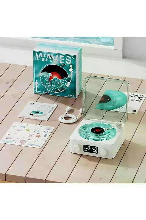 Waves Nostalji Plak Görünümlü Bluetooth Hoparlör 3d Ses Dalgası Retro Müzik Plak Mavi