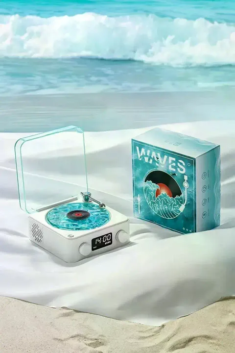 Waves Nostalji Plak Görünümlü Bluetooth Hoparlör 3d Ses Dalgası Retro Müzik Plak Mavi