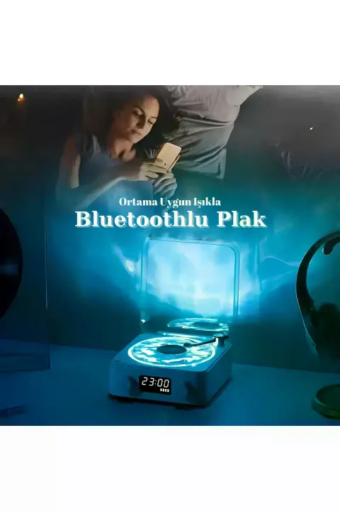 Waves Nostalji Plak Görünümlü Bluetooth Hoparlör 3d Ses Dalgası Retro Müzik Plak Mavi