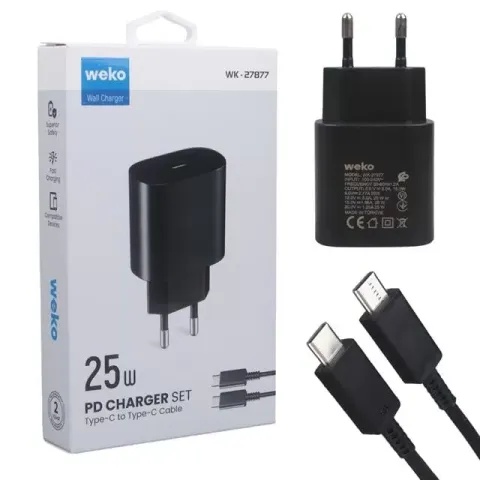 Weko Wk-27877 Note10 Siyah 25 Watt Şarj Başlık Adaptörü + Type-c To Type-c Kablo