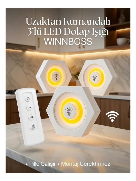 WINNBOSS WN3005 Wn-3005 Kumandalı Led Gece Lambası Seti (3’Lü) Dolap Içi Kablosuz Kolay Kurulum Enerji Tasarruflu Işık