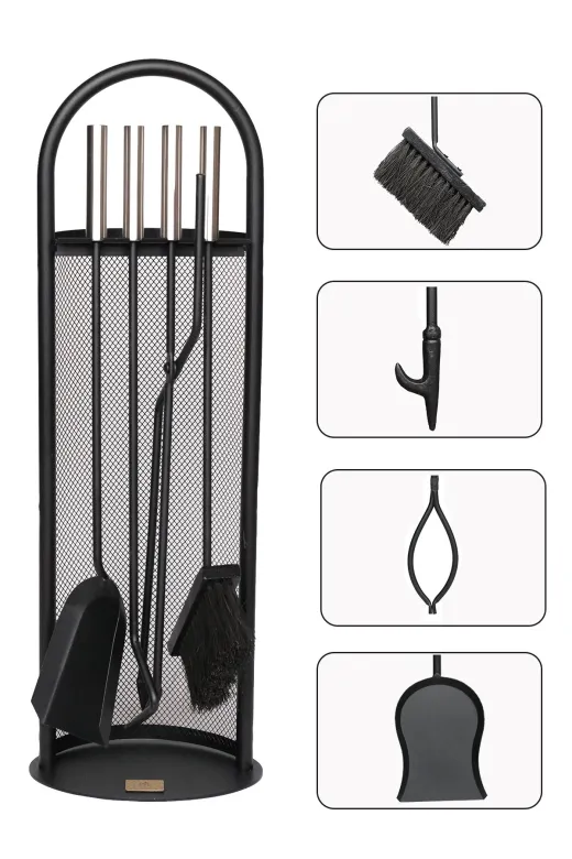 WOODSHUT SGSS-38025 5 Li Lüx Ithal Tel Standlı Şömine - Soba Maşa Takımı Aksesuar Seti