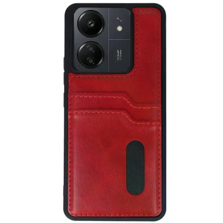 Xiaomi Redmi 13c Kılıf Sara Kartvizitli Deri Kılıf - Kırmızı