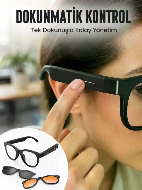 Yapay Zekâ Destekli Bluetooth Gözlük Telefon Görüşmesi Müzik Dinleme Manyetik Şarj ve Açık Kulak Tek