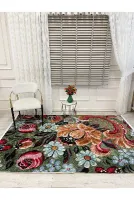 Yeşil Çiçek Desenli Floral Lateks Taban Halı