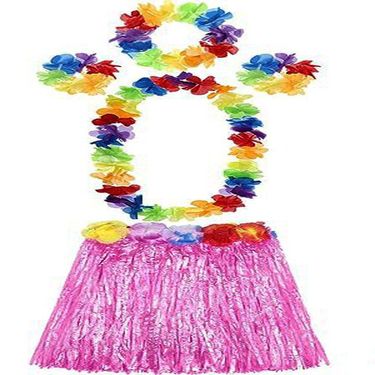 Yetişkin ve Çuk Uyumlu Luau ha Hawaii Pembe Etek ve Renkli Kolye Taç 2 Adet Bileklik Seti