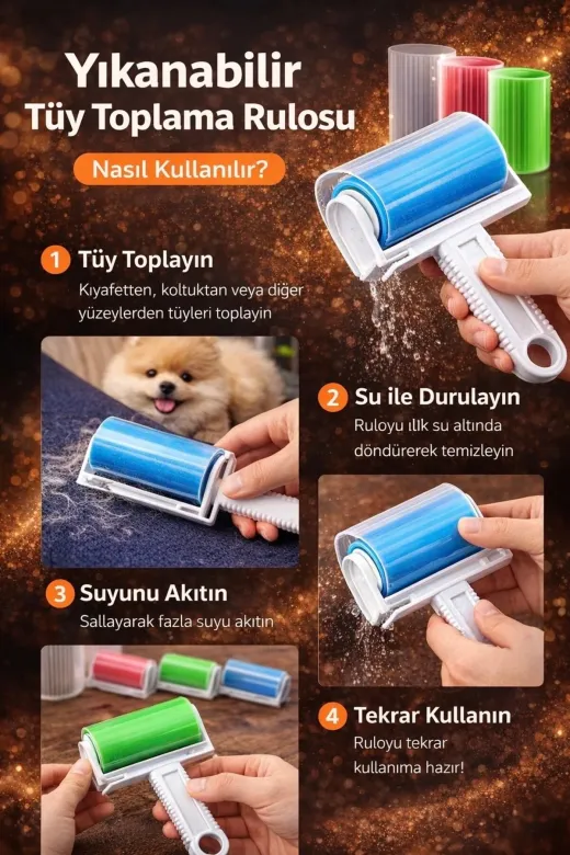 Yıkanabilir, Pratik Tüy Ve Toplama Rulosu Kedi Köpek Hayvan Tüyü Temizleme Aparatı