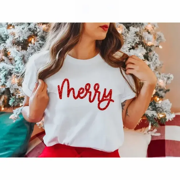 Yılbaşı Merry Christmas Baskılı Kısa Kollu Oversize Bisiklet Yaka T-shirt - Beyaz - XL - Beyaz