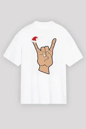 Yılbaşı Noel Başlıklı Serçe Parmak Baskılı Oversize Bisiklet Yaka T-shirt - Beyaz - XL - Beyaz