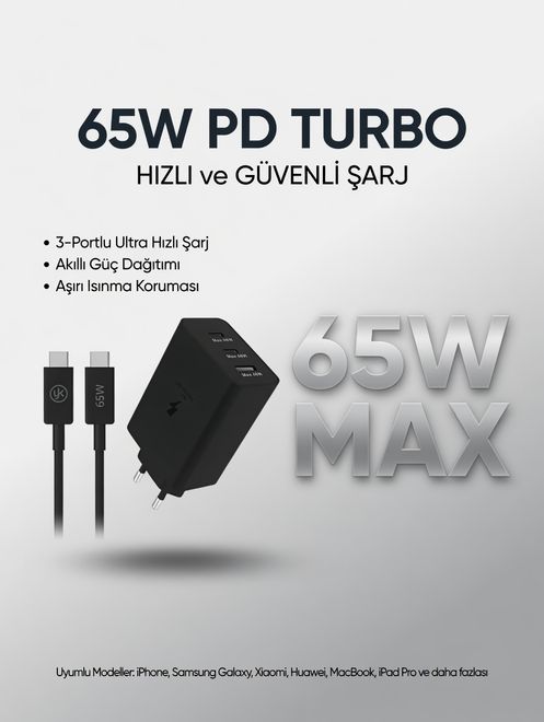 YK DESİGN YK-SR66YK-SR66 Samsung Tüm Modellere Uyumlu 3In 1 Hızlı 65W Usb-C Şarj Adaptörü Yk-Sr66