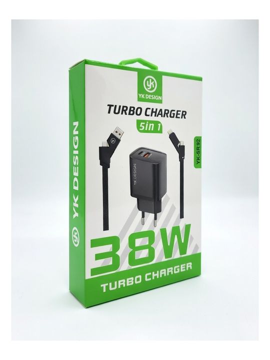YK DESİGN YK-SR92 Usb-C Power Delivery Ve Usb-A Quick Charge 3.0 Desteği Ile 38W Çoklu Kablolu Turbo Ev Tipi Şarj Aleti
