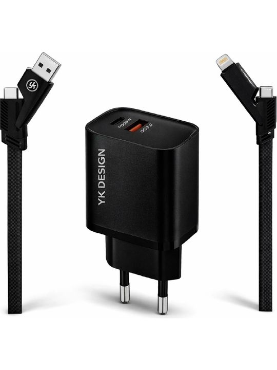 YK DESİGN YK-SR92 Usb-C Power Delivery Ve Usb-A Quick Charge 3.0 Desteği Ile 38W Çoklu Kablolu Turbo Ev Tipi Şarj Aleti